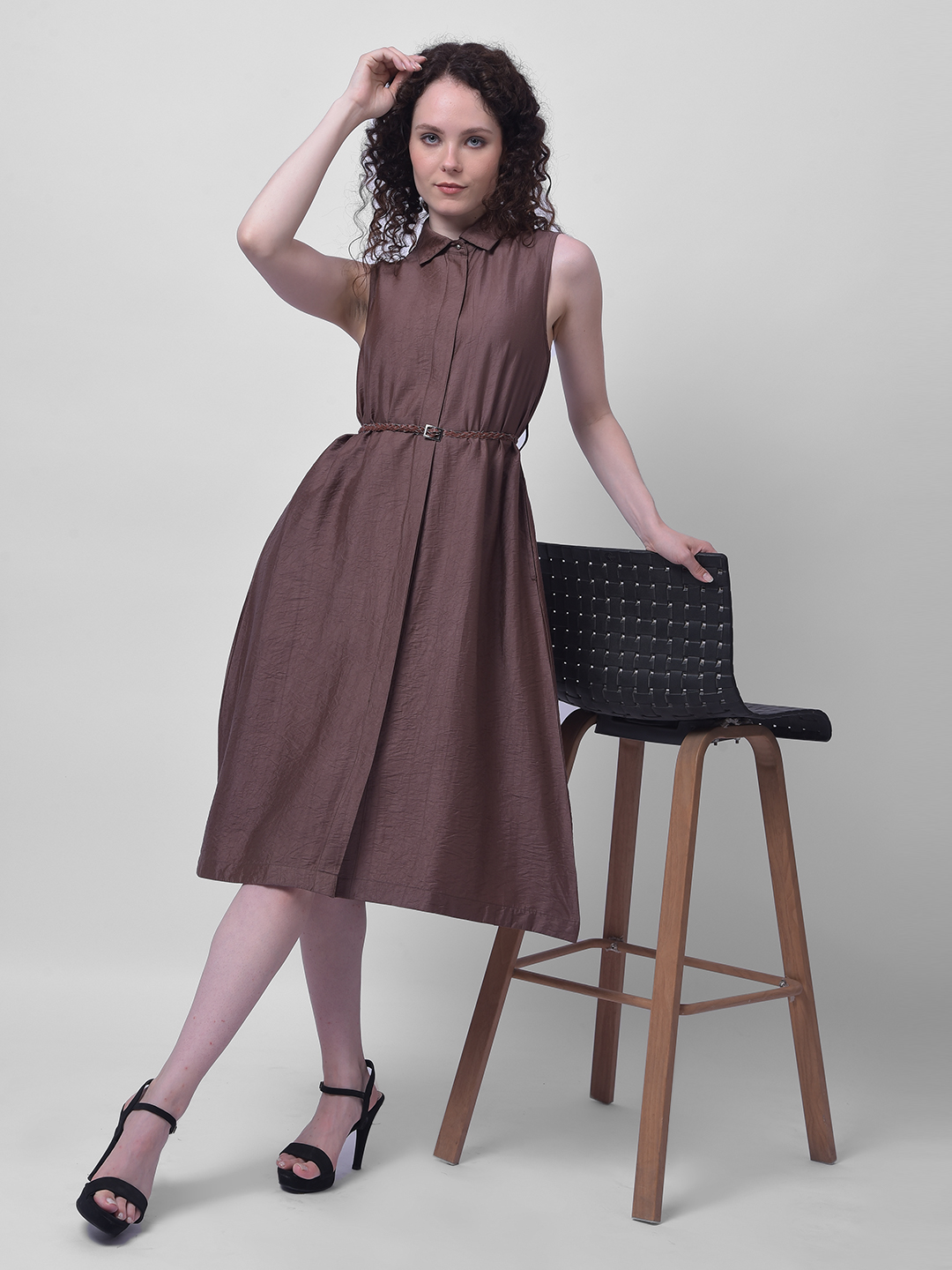 Numero Uno Women Brown Sleeveless Shirt Dress